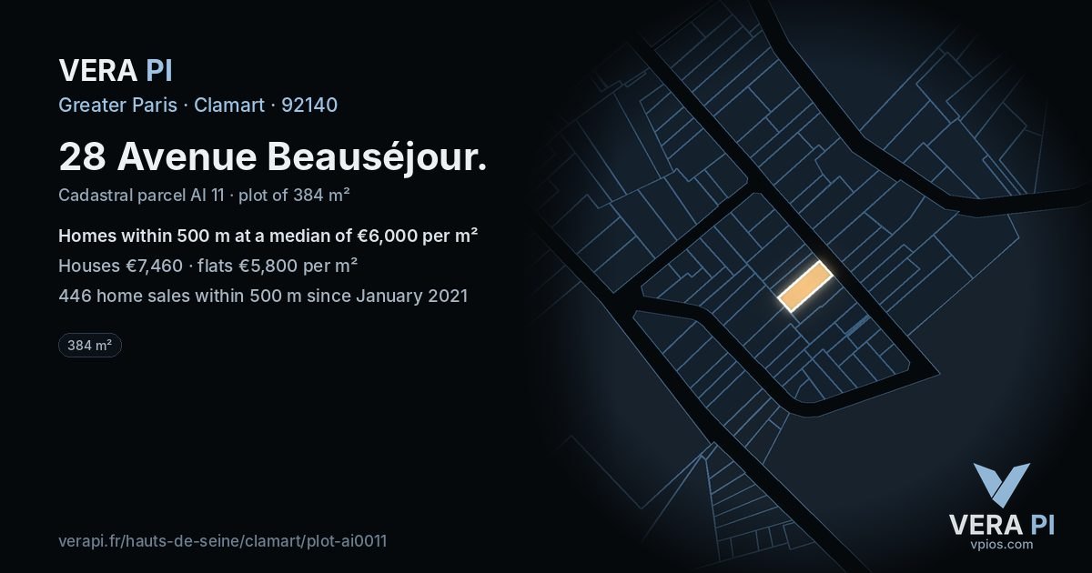 28 Avenue Beauséjour, Clamart at night – the plot lit, the parcels around coloured by the prices near them