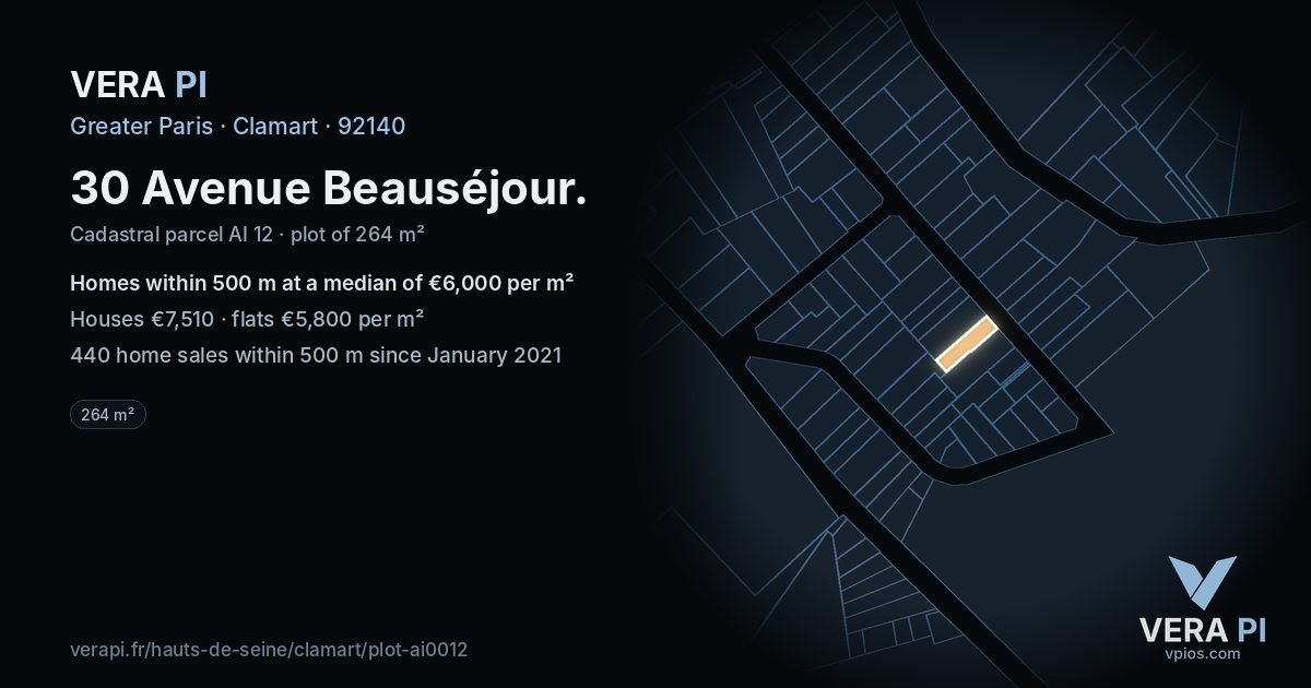 30 Avenue Beauséjour, Clamart at night – the plot lit, the parcels around coloured by the prices near them