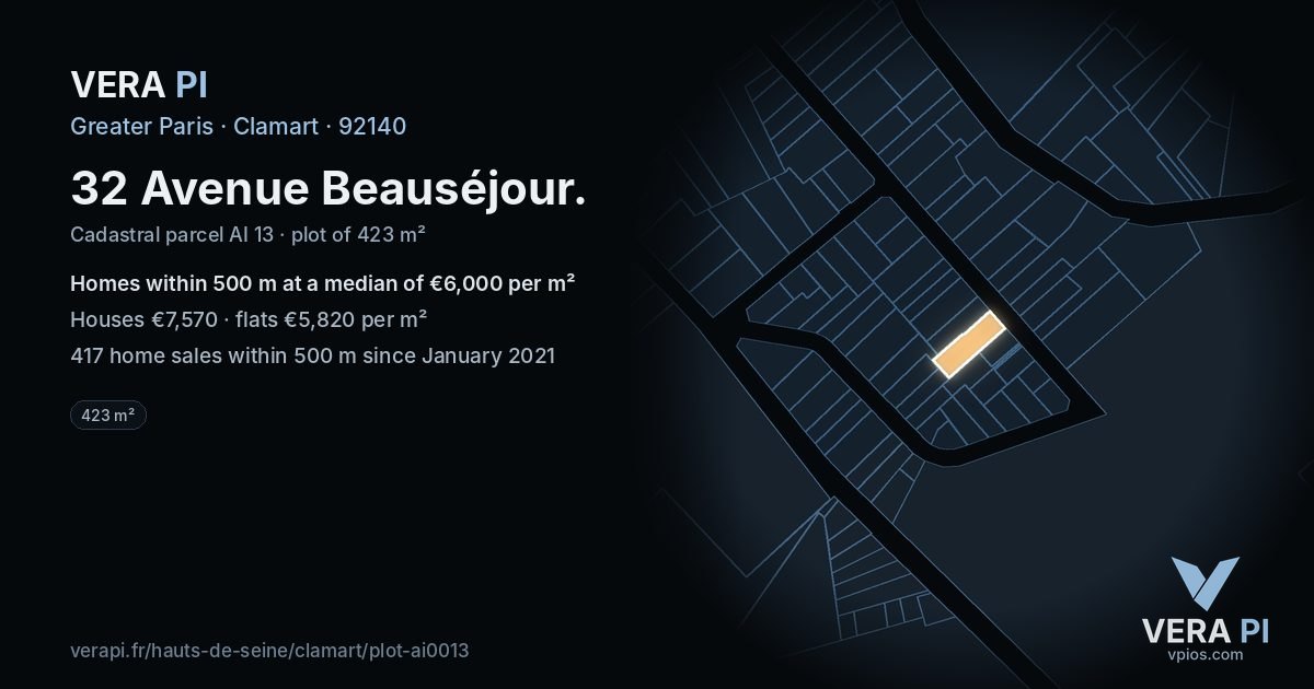 32 Avenue Beauséjour, Clamart at night – the plot lit, the parcels around coloured by the prices near them