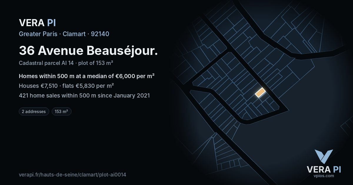 36 Avenue Beauséjour, Clamart at night – the plot lit, the parcels around coloured by the prices near them