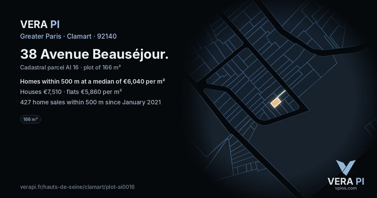 38 Avenue Beauséjour, Clamart at night – the plot lit, the parcels around coloured by the prices near them