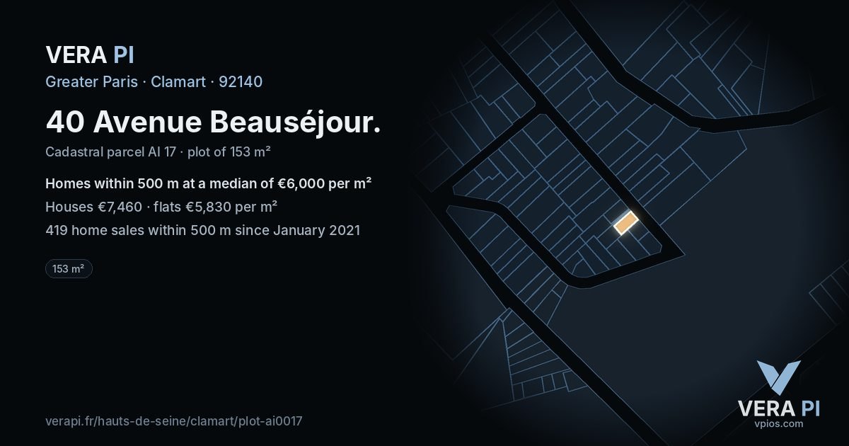 40 Avenue Beauséjour, Clamart at night – the plot lit, the parcels around coloured by the prices near them