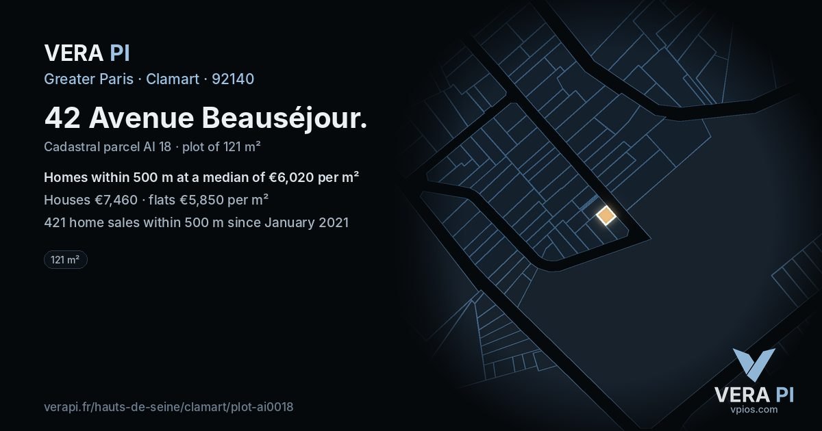 42 Avenue Beauséjour, Clamart at night – the plot lit, the parcels around coloured by the prices near them