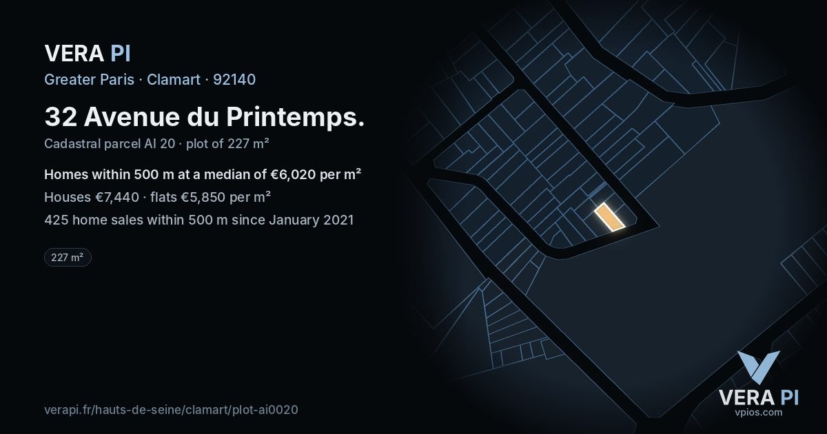 32 Avenue du Printemps, Clamart at night – the plot lit, the parcels around coloured by the prices near them