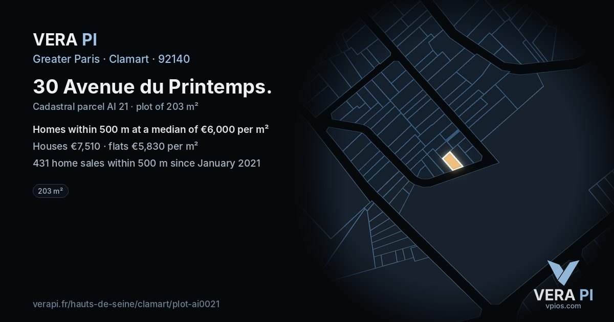30 Avenue du Printemps, Clamart at night – the plot lit, the parcels around coloured by the prices near them