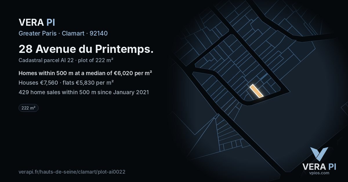 28 Avenue du Printemps, Clamart at night – the plot lit, the parcels around coloured by the prices near them
