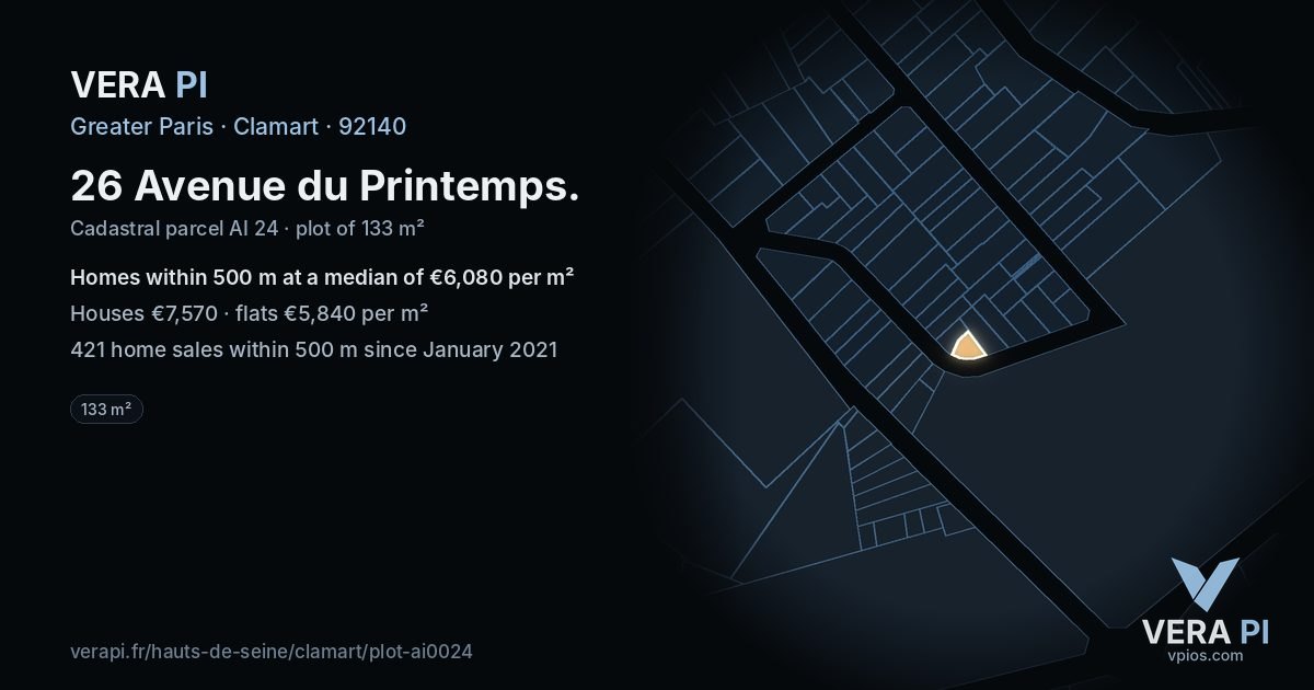 26 Avenue du Printemps, Clamart at night – the plot lit, the parcels around coloured by the prices near them