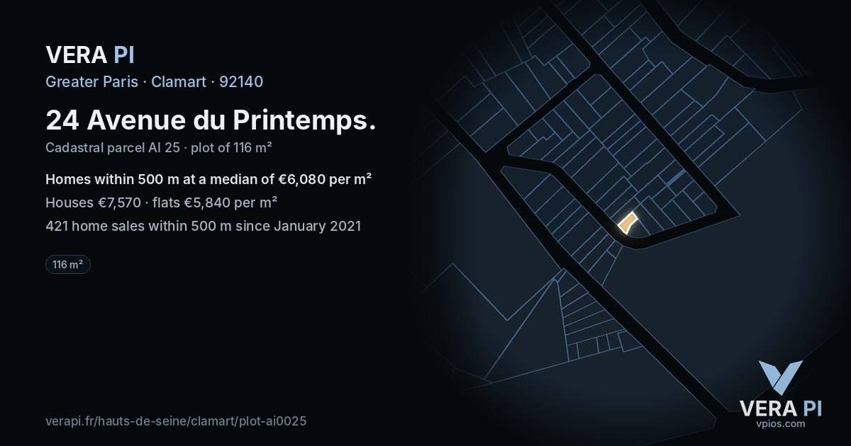 24 Avenue du Printemps, Clamart at night – the plot lit, the parcels around coloured by the prices near them