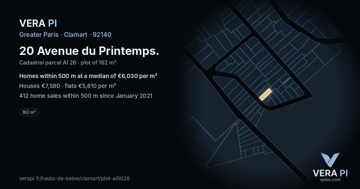 20 Avenue du Printemps, Clamart at night – the plot lit, the parcels around coloured by the prices near them