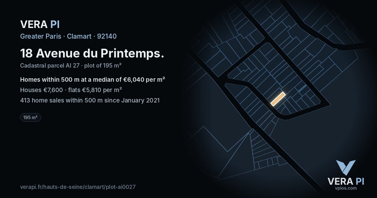 18 Avenue du Printemps, Clamart at night – the plot lit, the parcels around coloured by the prices near them