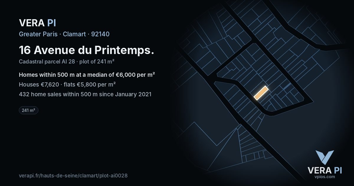 16 Avenue du Printemps, Clamart at night – the plot lit, the parcels around coloured by the prices near them