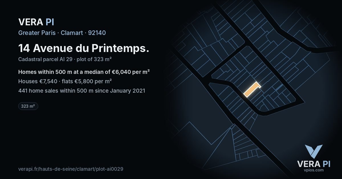 14 Avenue du Printemps, Clamart at night – the plot lit, the parcels around coloured by the prices near them