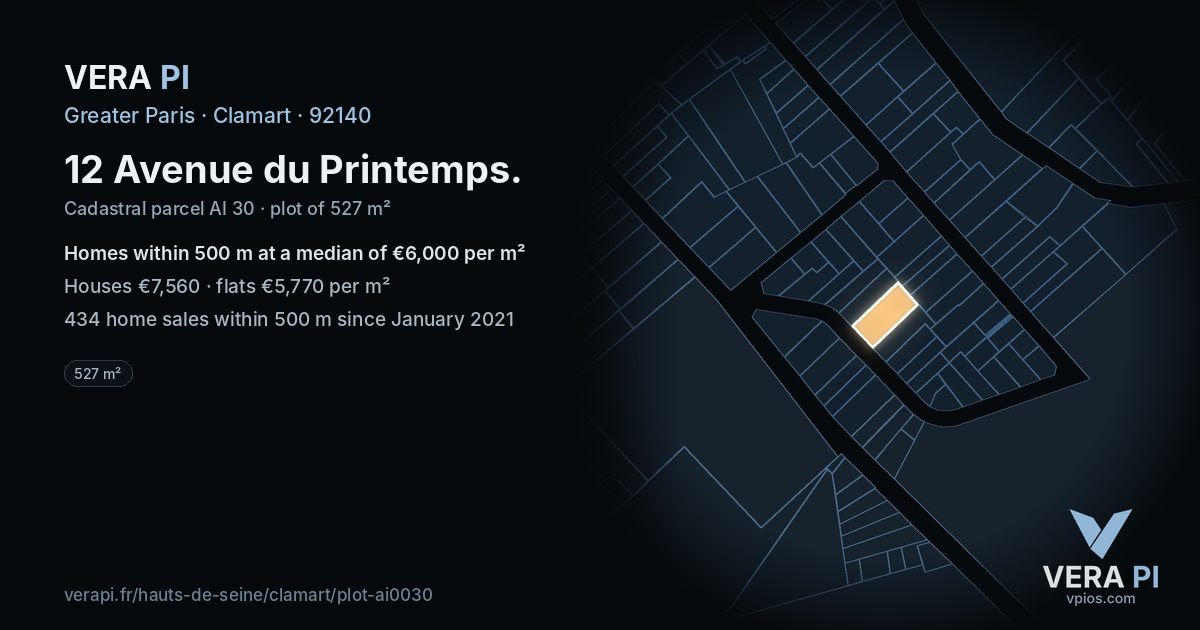 12 Avenue du Printemps, Clamart at night – the plot lit, the parcels around coloured by the prices near them