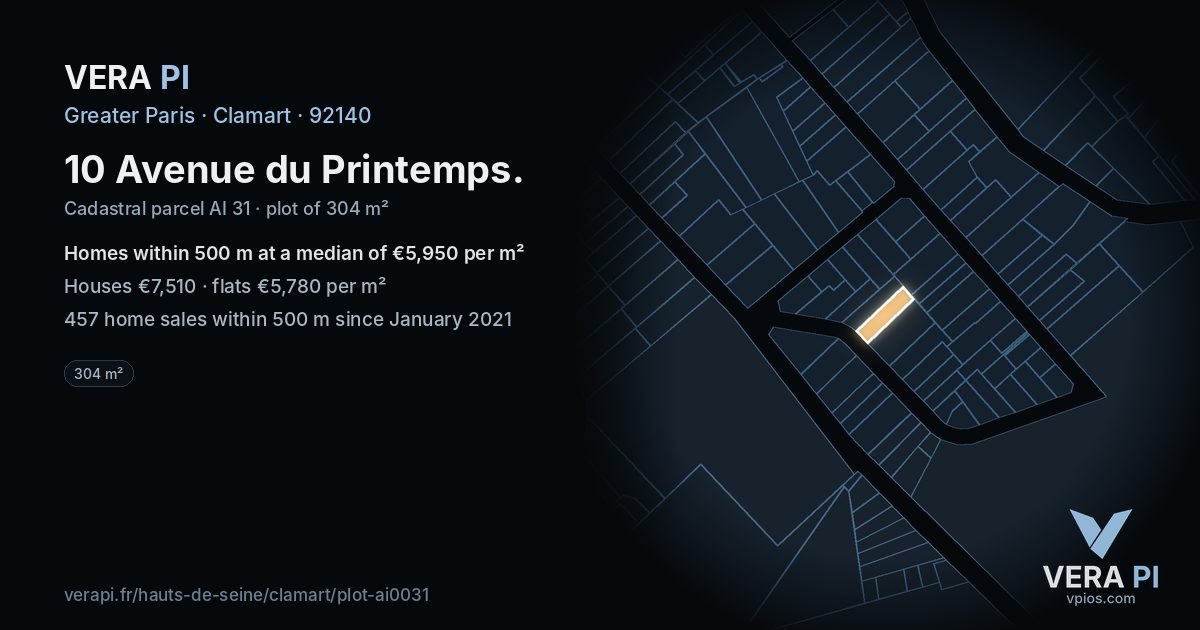 10 Avenue du Printemps, Clamart at night – the plot lit, the parcels around coloured by the prices near them