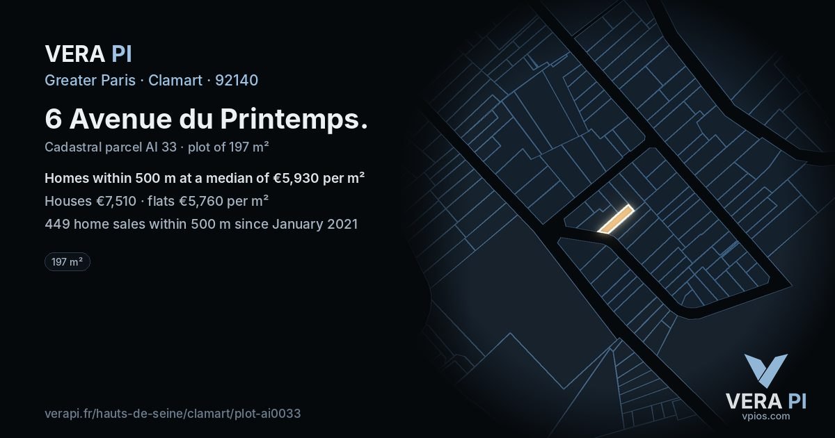 6 Avenue du Printemps, Clamart at night – the plot lit, the parcels around coloured by the prices near them