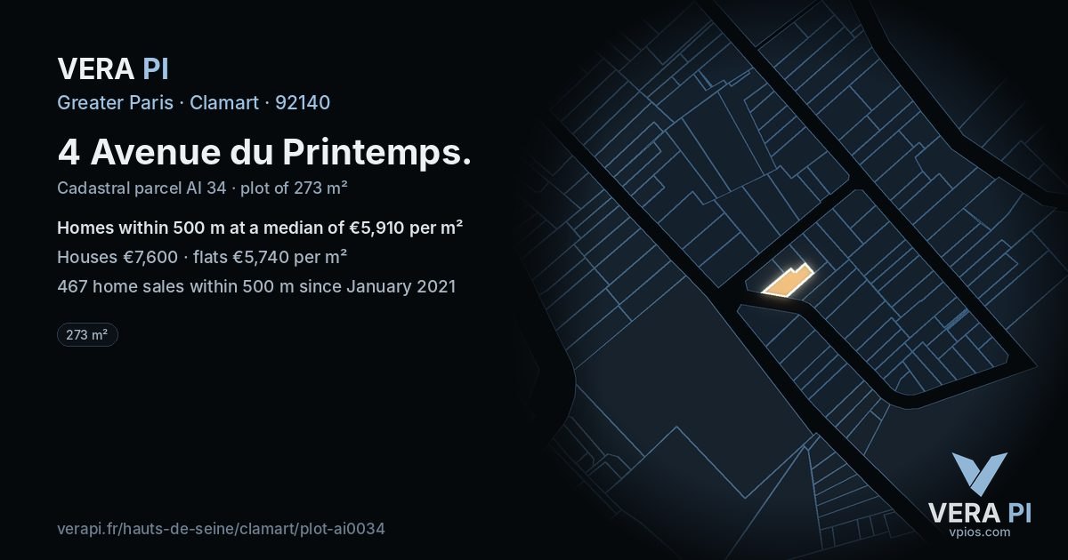 4 Avenue du Printemps, Clamart at night – the plot lit, the parcels around coloured by the prices near them