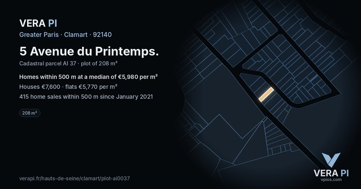 5 Avenue du Printemps, Clamart at night – the plot lit, the parcels around coloured by the prices near them