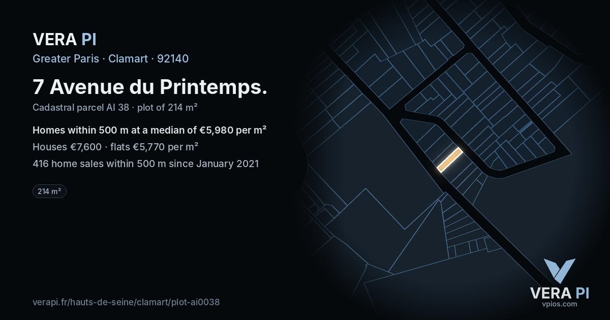 7 Avenue du Printemps, Clamart at night – the plot lit, the parcels around coloured by the prices near them