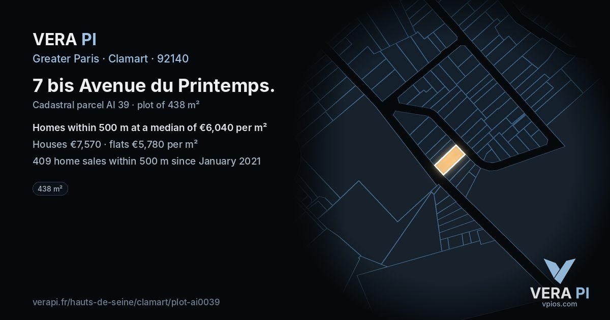 7 bis Avenue du Printemps, Clamart at night – the plot lit, the parcels around coloured by the prices near them