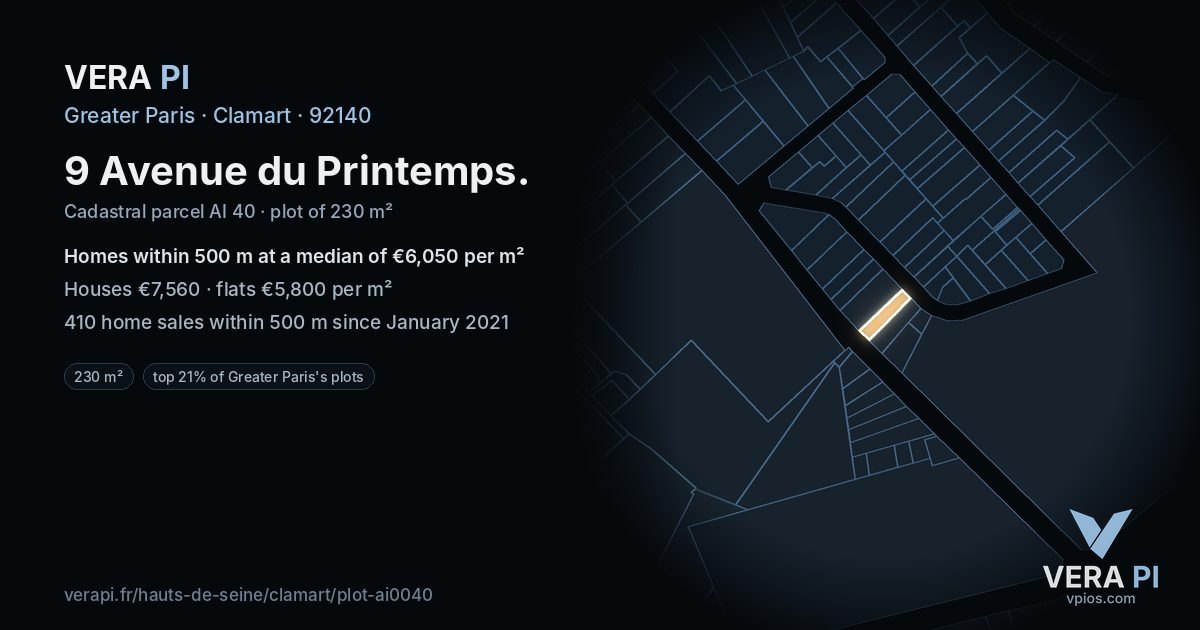 9 Avenue du Printemps, Clamart at night – the plot lit, the parcels around coloured by the prices near them