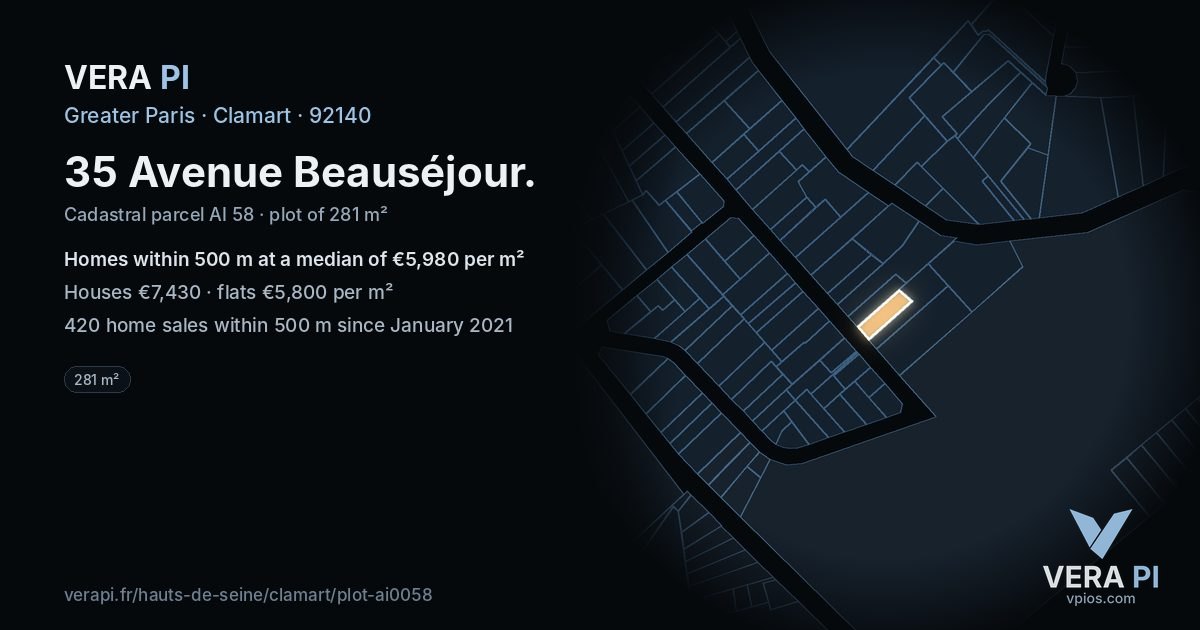 35 Avenue Beauséjour, Clamart at night – the plot lit, the parcels around coloured by the prices near them