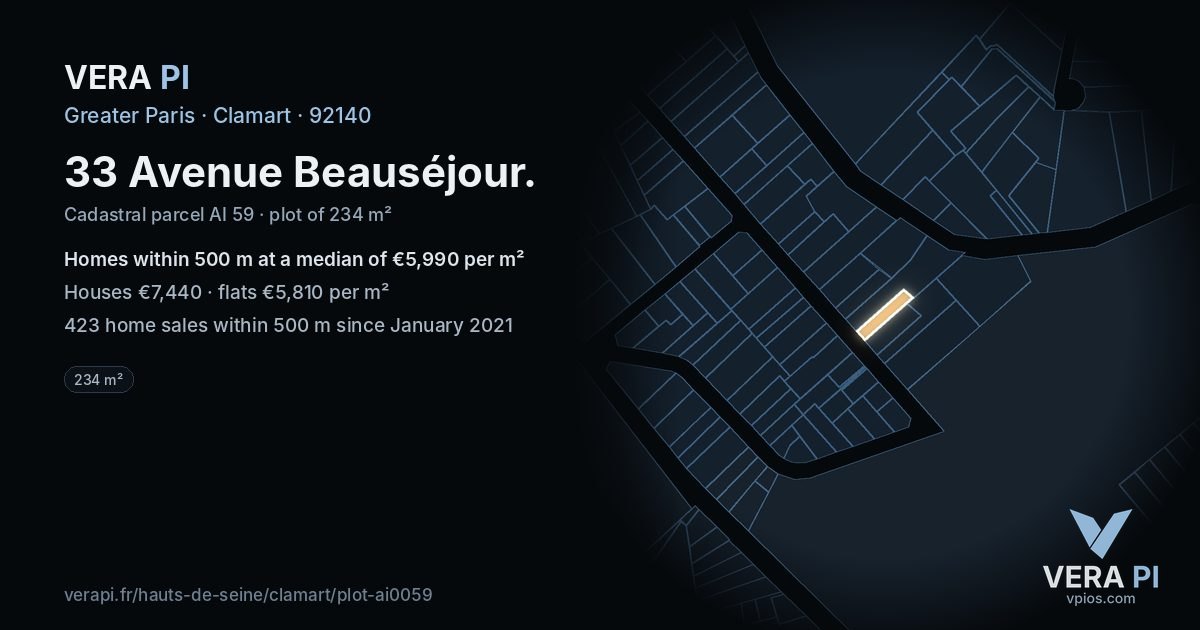 33 Avenue Beauséjour, Clamart at night – the plot lit, the parcels around coloured by the prices near them