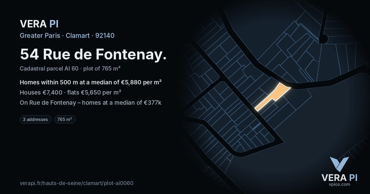 54 Rue de Fontenay, Clamart at night – the plot lit, the parcels around coloured by the prices near them