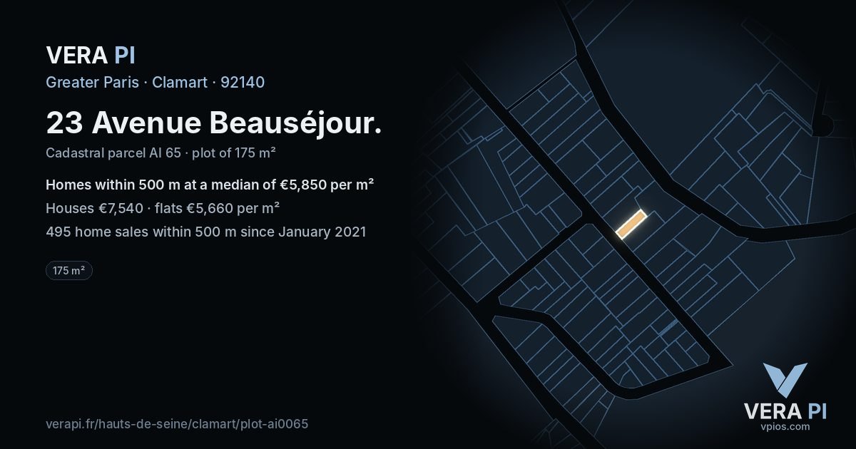 23 Avenue Beauséjour, Clamart at night – the plot lit, the parcels around coloured by the prices near them