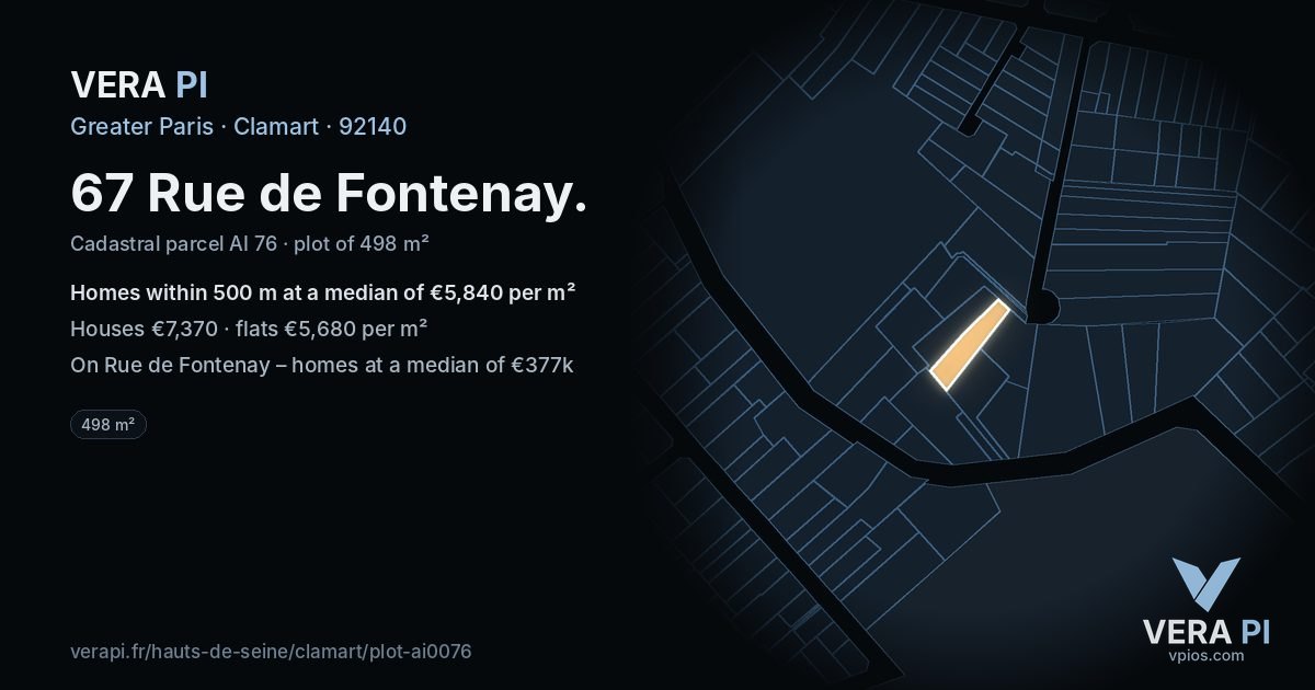 67 Rue de Fontenay, Clamart at night – the plot lit, the parcels around coloured by the prices near them