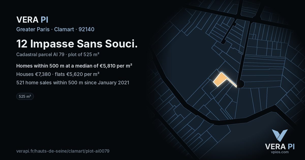 12 Impasse Sans Souci, Clamart at night – the plot lit, the parcels around coloured by the prices near them