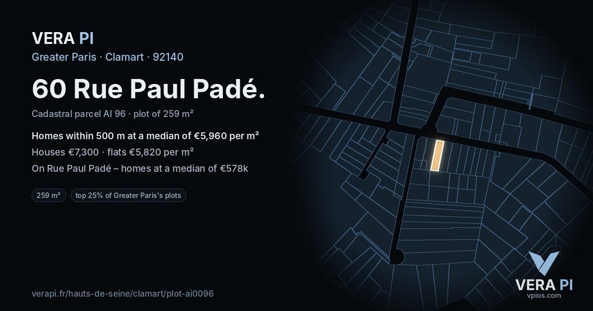 60 Rue Paul Padé, Clamart at night – the plot lit, the parcels around coloured by the prices near them