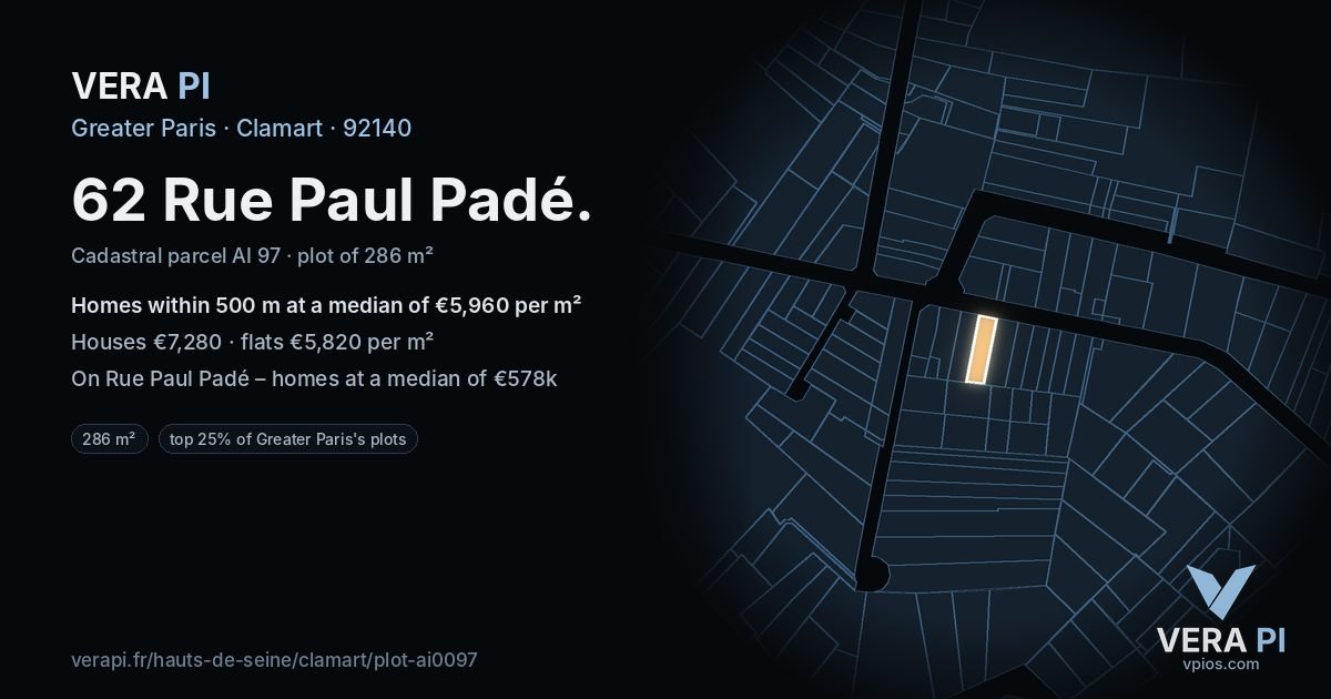 62 Rue Paul Padé, Clamart at night – the plot lit, the parcels around coloured by the prices near them
