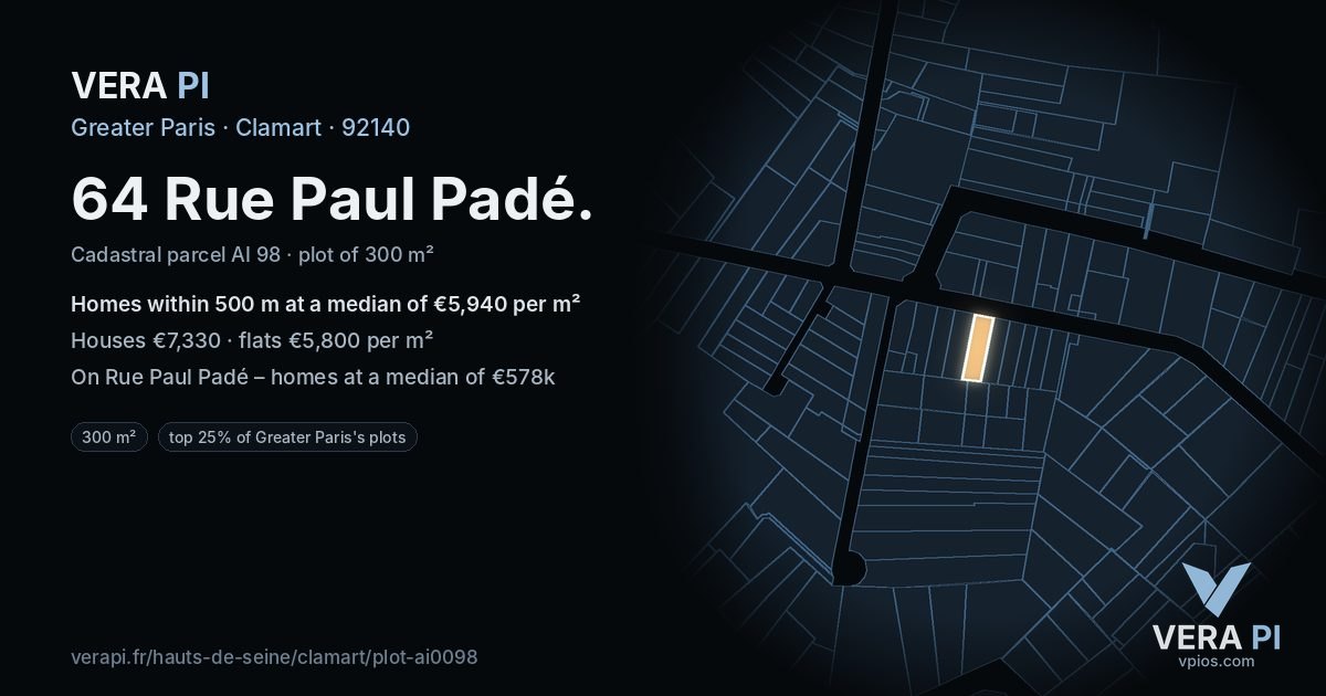 64 Rue Paul Padé, Clamart at night – the plot lit, the parcels around coloured by the prices near them