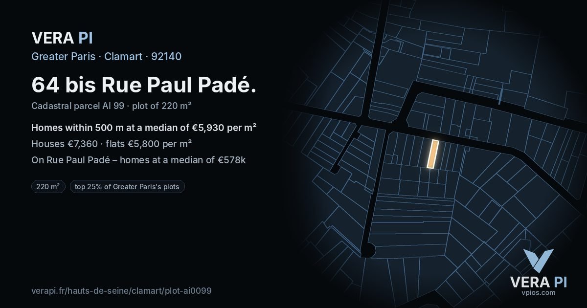64 bis Rue Paul Padé, Clamart at night – the plot lit, the parcels around coloured by the prices near them