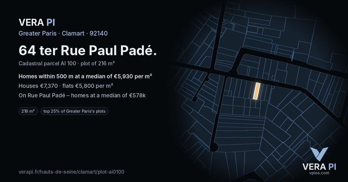 64 ter Rue Paul Padé, Clamart at night – the plot lit, the parcels around coloured by the prices near them