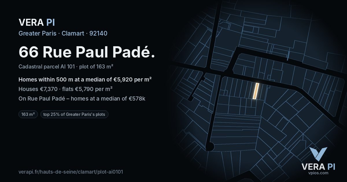 66 Rue Paul Padé, Clamart at night – the plot lit, the parcels around coloured by the prices near them