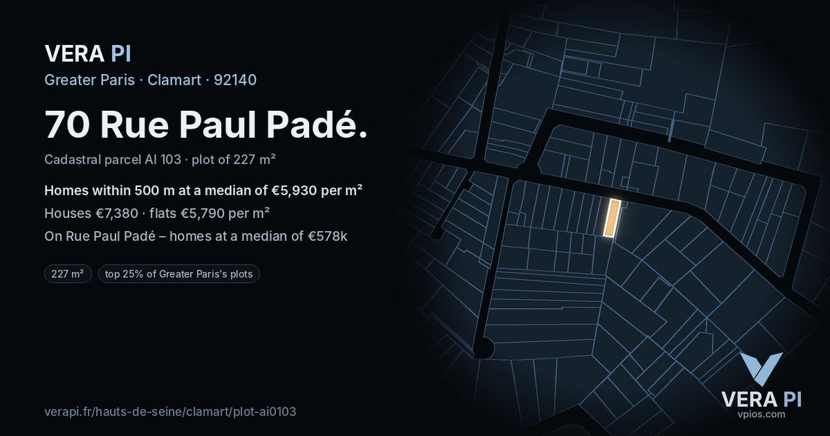 70 Rue Paul Padé, Clamart at night – the plot lit, the parcels around coloured by the prices near them