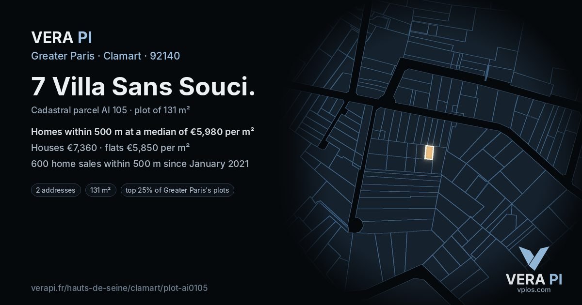7 Villa Sans Souci, Clamart at night – the plot lit, the parcels around coloured by the prices near them