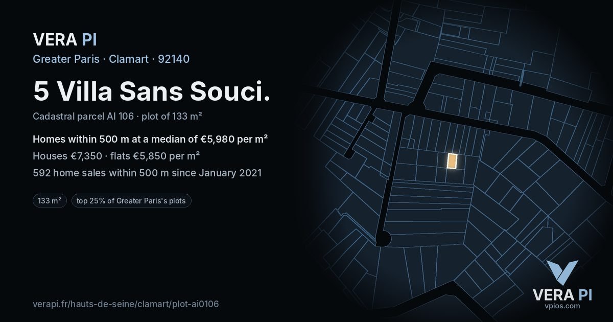 5 Villa Sans Souci, Clamart at night – the plot lit, the parcels around coloured by the prices near them