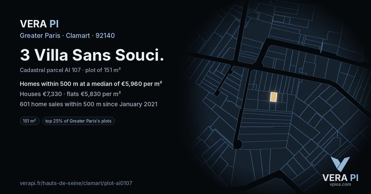 3 Villa Sans Souci, Clamart at night – the plot lit, the parcels around coloured by the prices near them