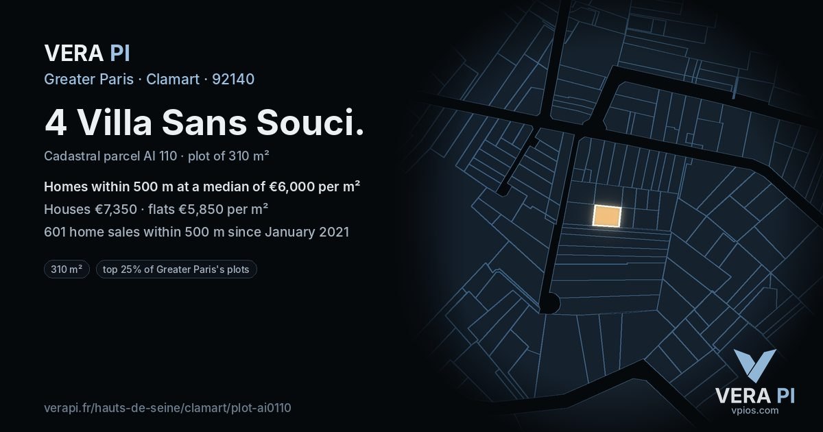 4 Villa Sans Souci, Clamart at night – the plot lit, the parcels around coloured by the prices near them