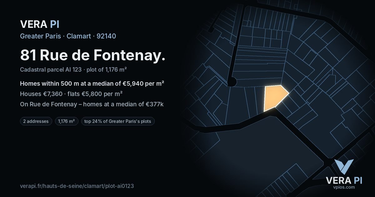 81 Rue de Fontenay, Clamart at night – the plot lit, the parcels around coloured by the prices near them
