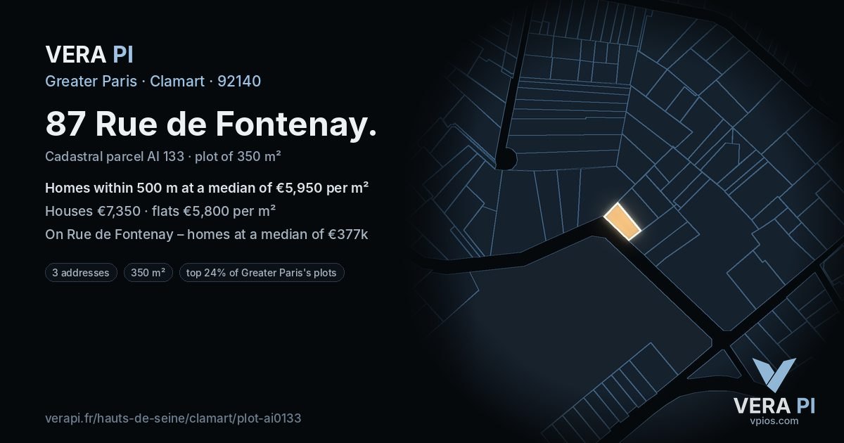 87 Rue de Fontenay, Clamart at night – the plot lit, the parcels around coloured by the prices near them