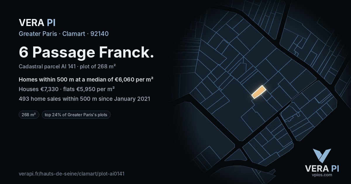 6 Passage Franck, Clamart at night – the plot lit, the parcels around coloured by the prices near them