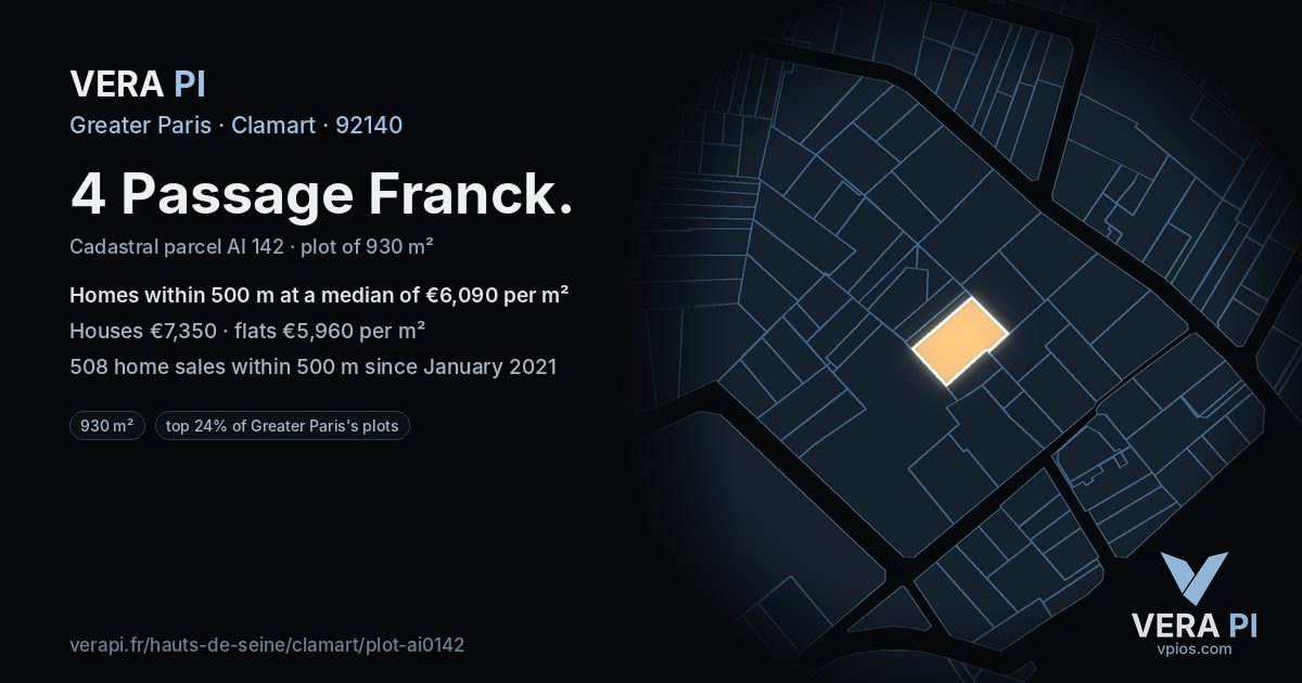 4 Passage Franck, Clamart at night – the plot lit, the parcels around coloured by the prices near them