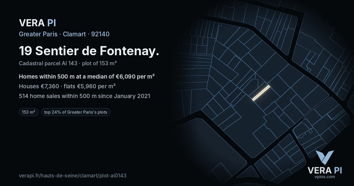 19 Sentier de Fontenay, Clamart at night – the plot lit, the parcels around coloured by the prices near them