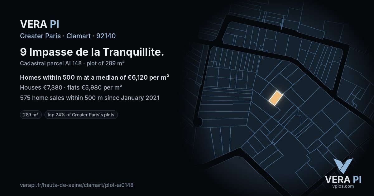 9 Impasse de la Tranquillite, Clamart at night – the plot lit, the parcels around coloured by the prices near them
