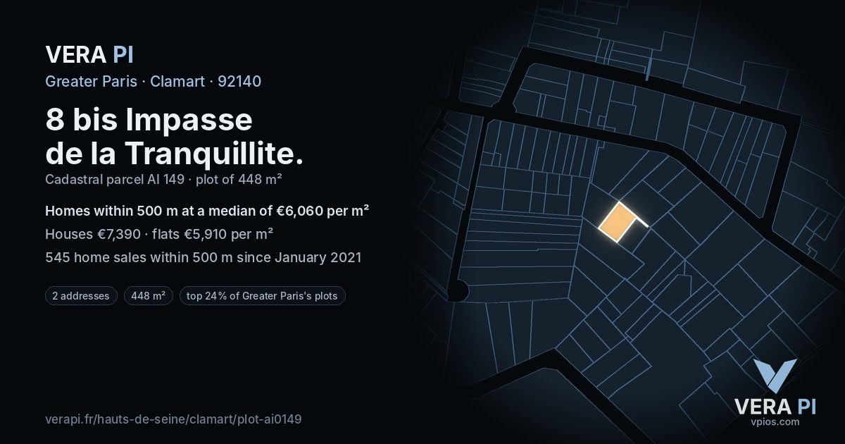 8 bis Impasse de la Tranquillite, Clamart at night – the plot lit, the parcels around coloured by the prices near them