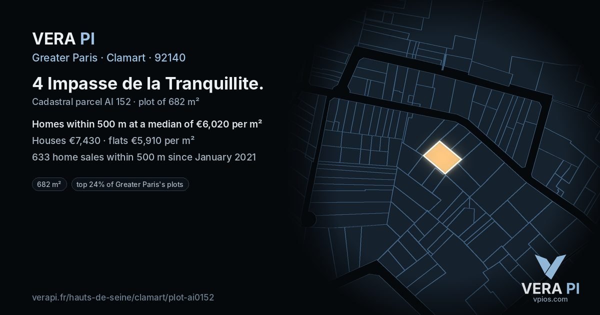 4 Impasse de la Tranquillite, Clamart at night – the plot lit, the parcels around coloured by the prices near them