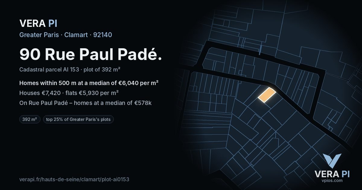90 Rue Paul Padé, Clamart at night – the plot lit, the parcels around coloured by the prices near them